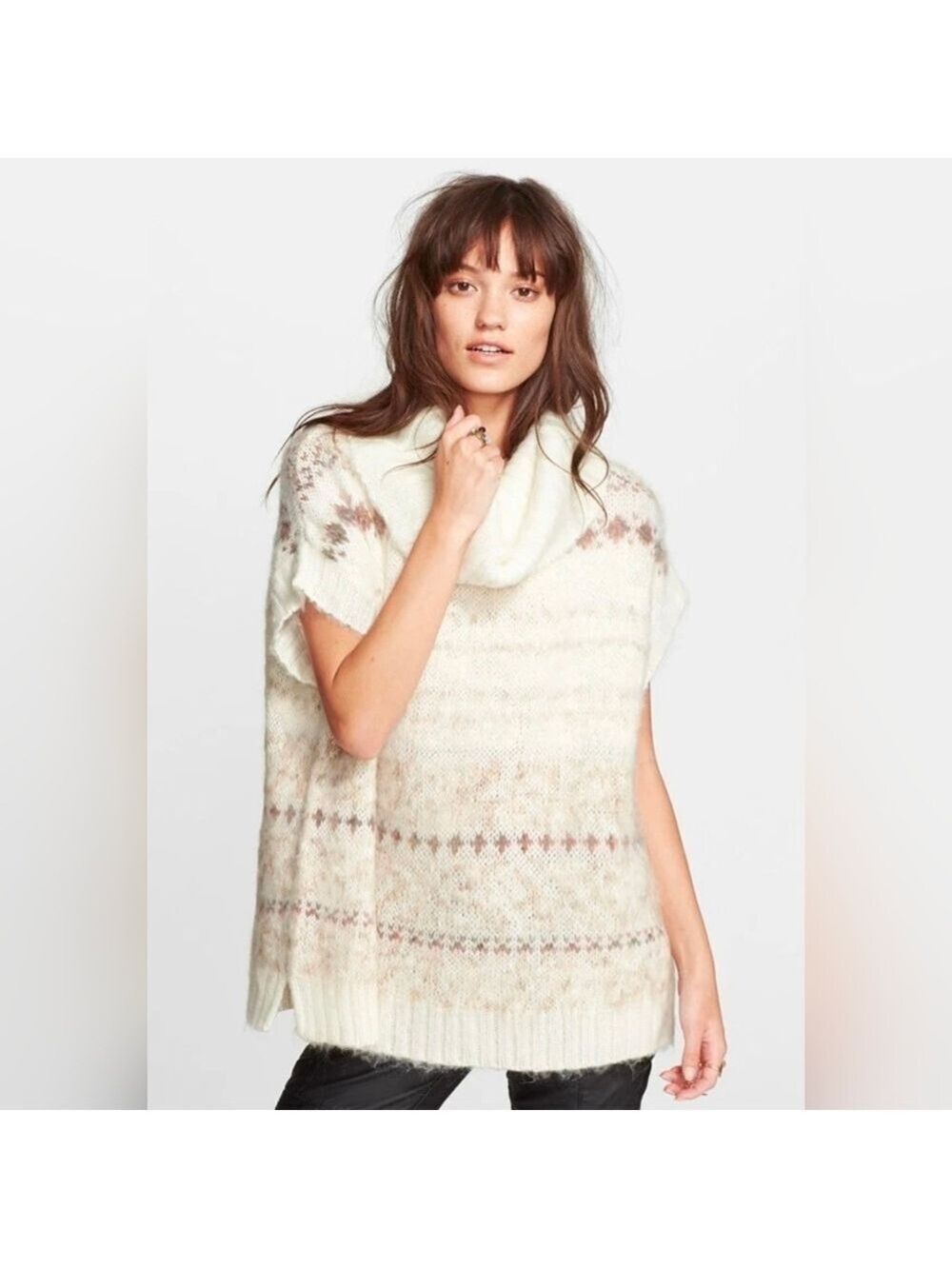 Free People Ivory Combo Snow Bunny Dolman Fair Isle Turtle Neck Sweater Oversize